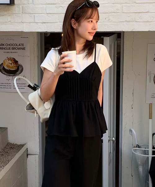 MERAKI 春夏 ペプラムトップス 3点セット ブラウス ビスチェ callautia（カラウティア） セットアップ リネン混ペプラムビスチェset