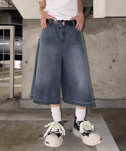 ワイドパンツ ハーフパンツ ジーンズ 短パン グリッターハーフデニム