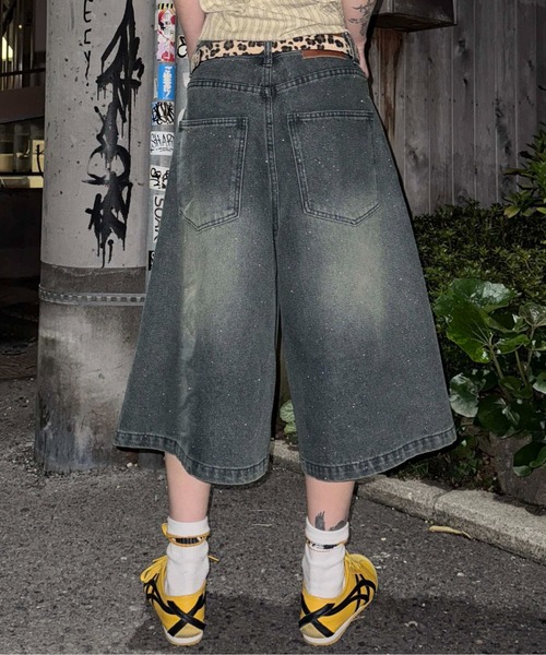 ハーフパンツ ワイドパンツ ジーンズ グリッターハーフデニム メンズ