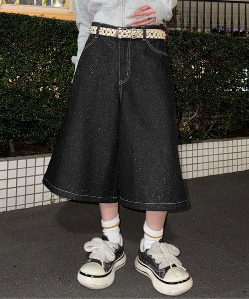 ハーフパンツ ワイドパンツ ジーンズ グリッターハーフデニム メンズ
