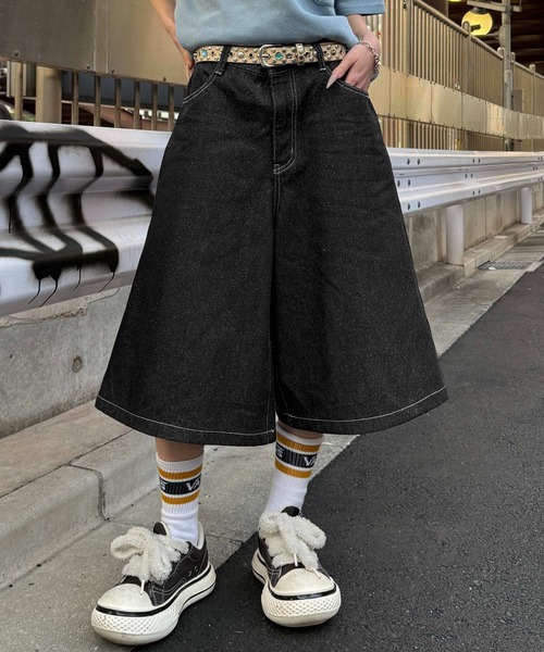 ワイドパンツ ハーフパンツ ジーンズ 短パン グリッターハーフデニム