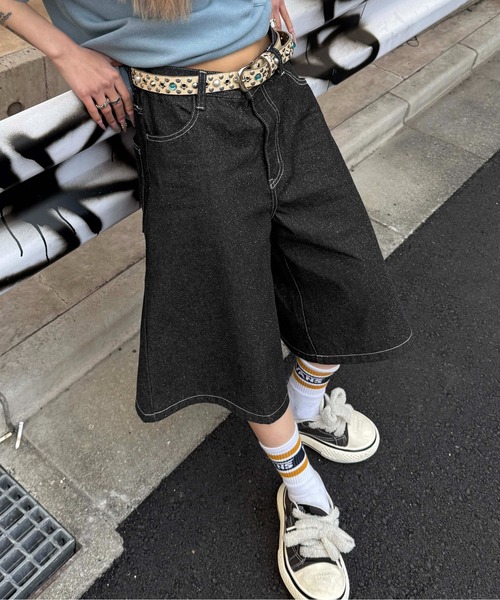 ワイドパンツ ハーフパンツ ジーンズ 短パン グリッターハーフデニム