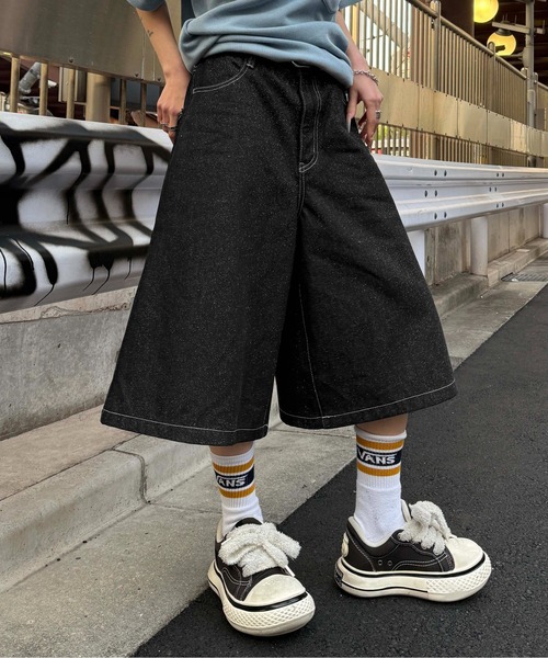 ワイドパンツ ハーフパンツ ジーンズ 短パン グリッターハーフデニム