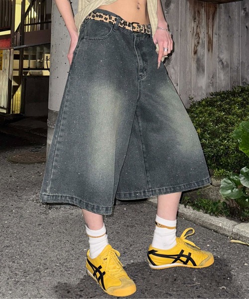 ワイドパンツ ハーフパンツ ジーンズ 短パン グリッターハーフデニム