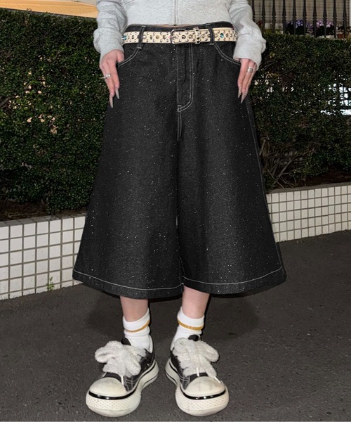 ハーフパンツ ワイドパンツ ジーンズ グリッターハーフデニム メンズ