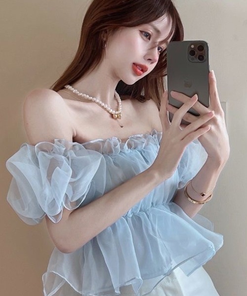【Lunea•新品タグ付き】チュールフリルオフショルブラウス lulufa ブラウス シャツ 夏 半袖 ボリュームチュールフリルオフショル