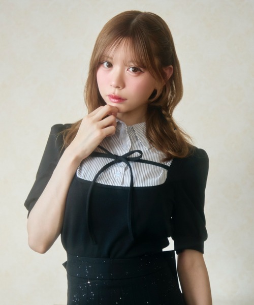 TITTY&CO.ストライプシャツドッキングトップス半袖 TITTY＆CO.（ティティーアンドコー） tシャツ 半袖 ストライプシャツ