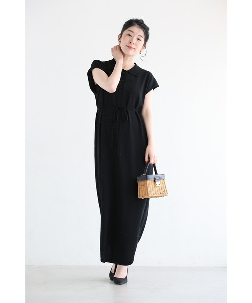 再度お値引き　極美品・黒いボタン付きポロワンピース cawaii ワンピース （黒）全面に瞬くビジューのポロシャツロング