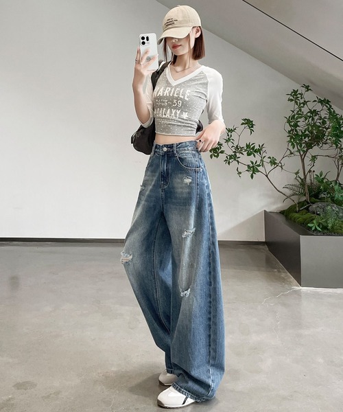 ダメージ加工 ワイドレッグ デニムパンツ ワイドパンツ ジーンズ デニム デニムパンツ ハイウエスト ダメージ
