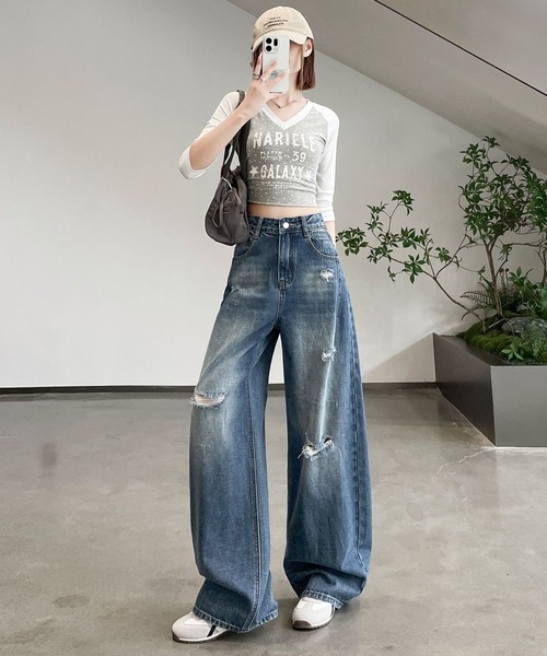 ダメージ加工 ワイドレッグ デニムパンツ ワイドパンツ ジーンズ デニム デニムパンツ ハイウエスト ダメージ
