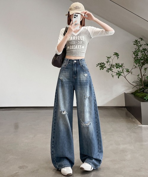 【最終値下】アンセルム　ダメージ加工 ライトブルー デニム ワイドレッグ ワイドパンツ ジーンズ デニム デニムパンツ ハイウエスト ダメージ