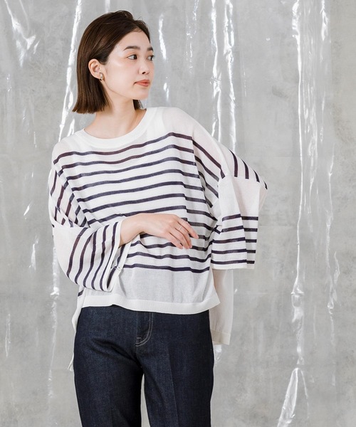 「Gready Brilliant」 半袖ニット FREE ホワイト×ネイビー レディース_画像6