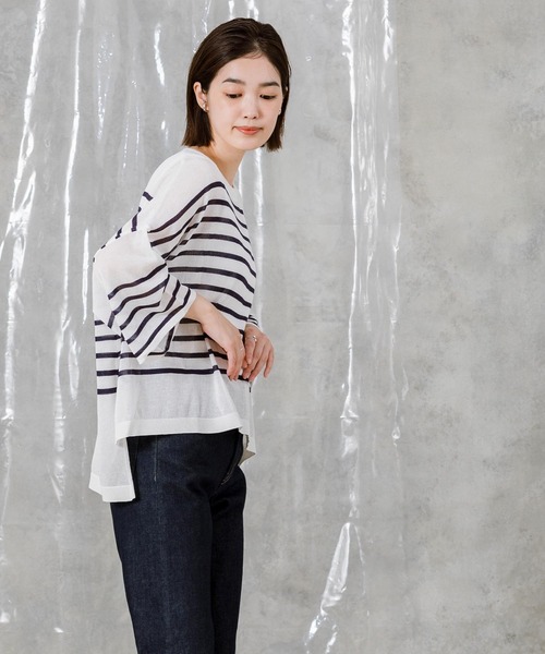 「Gready Brilliant」 半袖ニット FREE ホワイト×ネイビー レディース_画像7