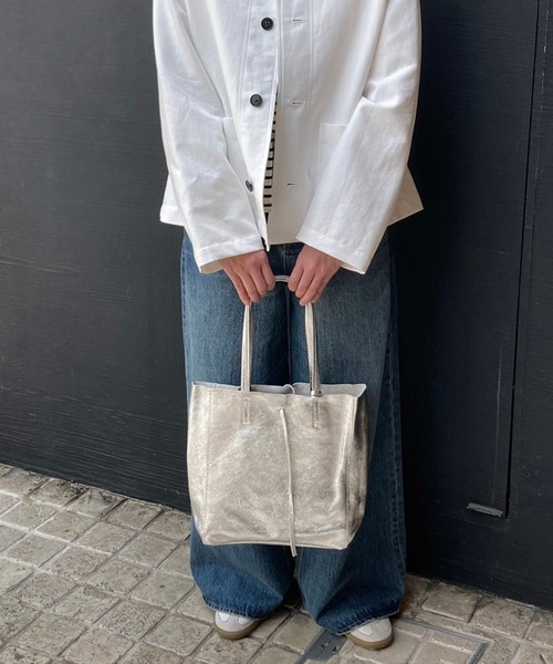 Melime Nubuck Leather Tote Bag/トートバッグ/グレー バイカラーレザー縦型ミニトートバッグ（2227289）｜PELLE