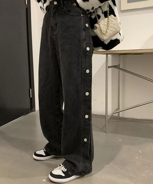 LCB-2504-009 デニムパンツ ジーンズ カーブ サイドボタン 変形 lala Born パンツ デニム ジーンズ サイドボタンデザインデニム