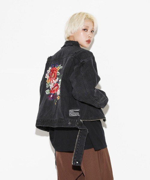 ジャケット Gジャン Flower Embroidery Short Denim Jacket