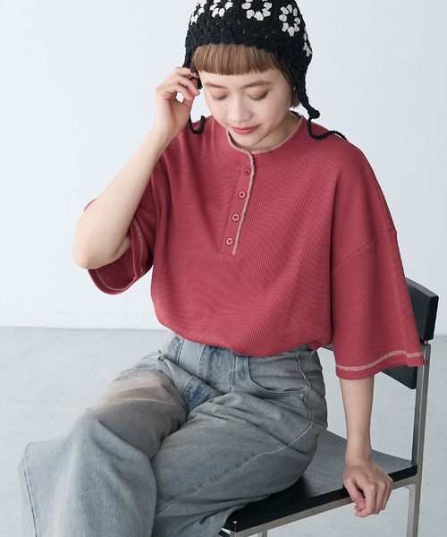 tシャツ ワッフルヘンリーネックカットソー レディース CAMBIO tシャツ mlt4878- ワッフルヘンリーネックカットソー