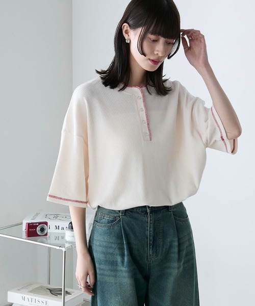 tシャツ ワッフルヘンリーネックカットソー レディース CAMBIO tシャツ mlt4878- ワッフルヘンリーネックカットソー