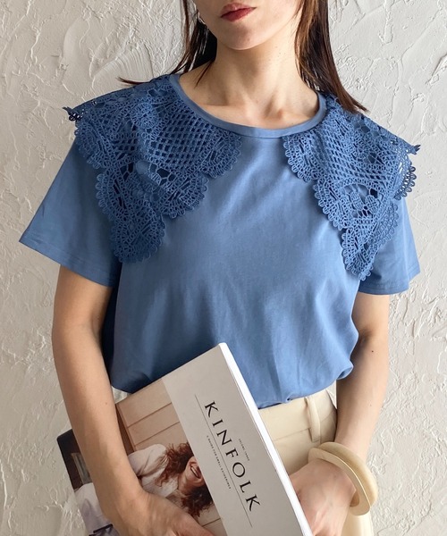 tシャツ クロシェレースTシャツ レディース She's Closet tシャツ クロシェ編みレースビッグ襟セーラー