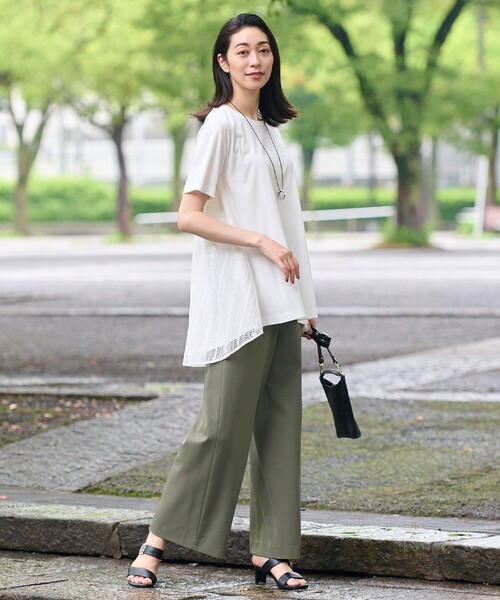 tシャツ 「WEB限定・洗える・XSサイズあり」レースコンビ カットソー レディース 自由区 tシャツ 「WEB限定・洗える・XSサイズあり」レースコンビ