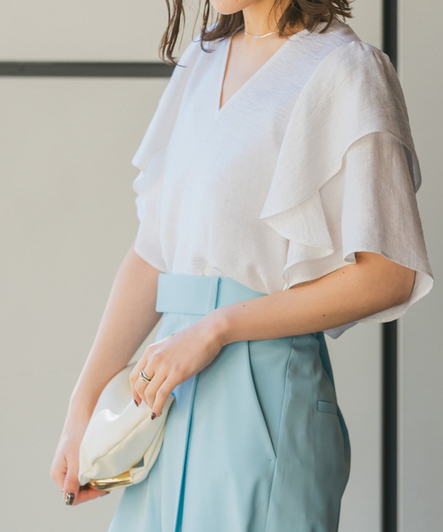 noble ノーブル　ファジーリネンラッフルブラウス　新品　ブルー　フリル袖 ファジーリネンラッフルブラウス（シャツ／ブラウス）｜NOBLE