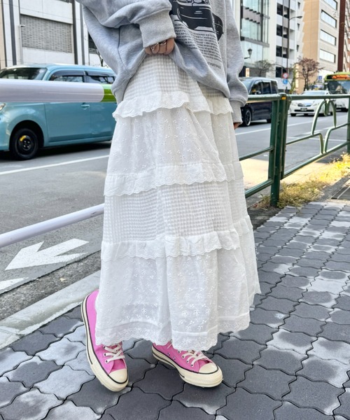 SOLLON.（ソルロン） スカート コットンフラワーレースティアード