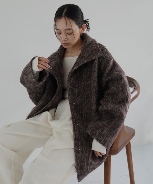 ステンカラーコート コート シャギースタンドカラーコート レディース | hellam | 23
