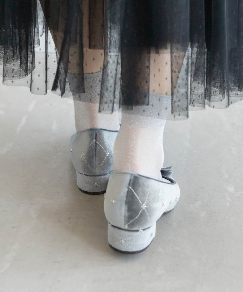 RANDA パンプス ビーズ×キルティング リボン ローヒールパンプス