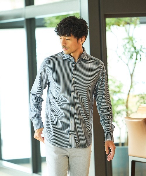 ABAHOUSE GRAY シャツ 「ON/OFF兼用」トリコット ストライプ 長袖 