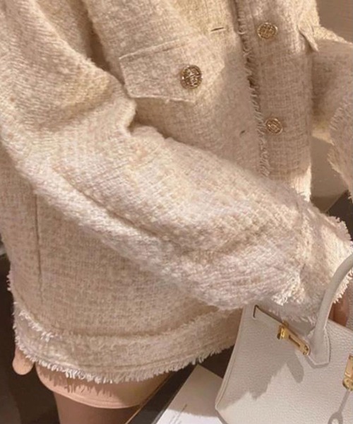 Na.e　ツイードジャケット　アイボリー ツイードノーカラーミドル ジャケット （ノーカラージャケット）｜ANY