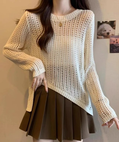 ampm ニット セーター 「ampm」ウエストリボンレース編みLS