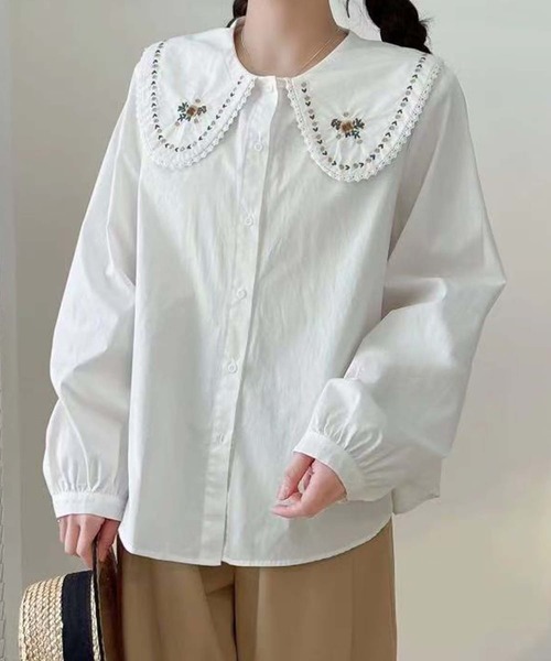 aimoha（アイモハ） ブラウス シャツ 刺繍入りビッグカラーシャツ