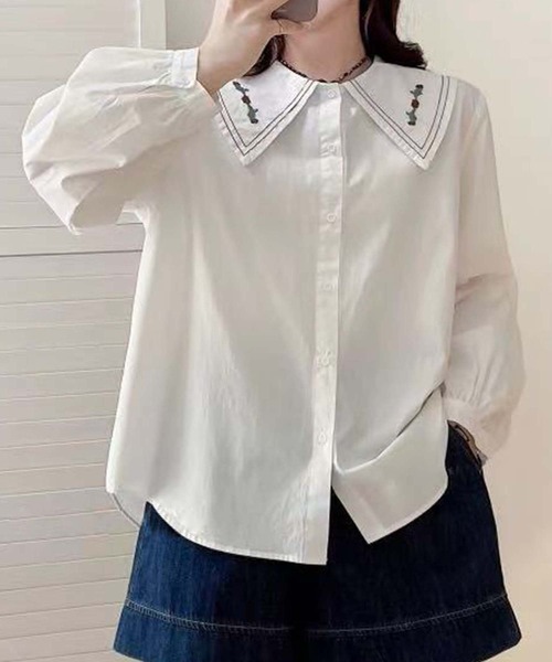aimoha（アイモハ） ブラウス シャツ 刺繍入りビッグカラーシャツ