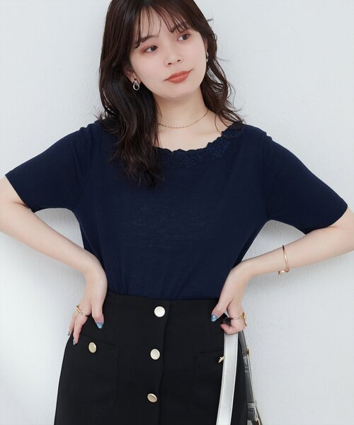 natural couture ニット セーター 花刺繍ネック+Vネック2WAY