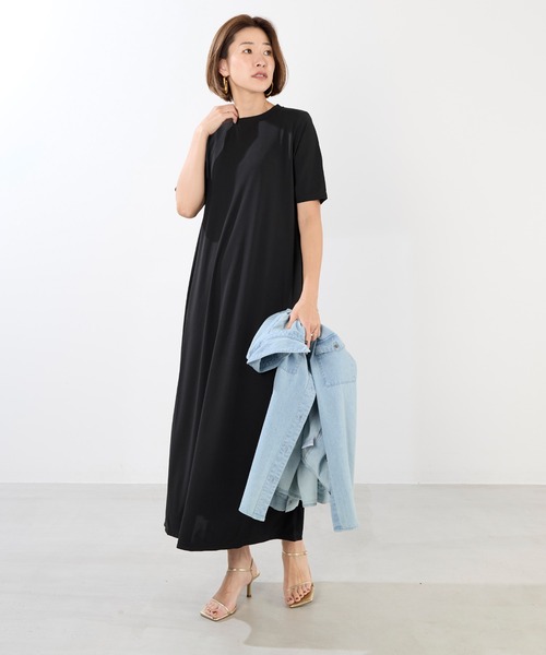 MICA & DEAL ブラック フレンチスリーブ　ワンピース 38 Ｌ MICA&DEAL ワンピース クルーネックフレアワンピース : ZOZOTOWN