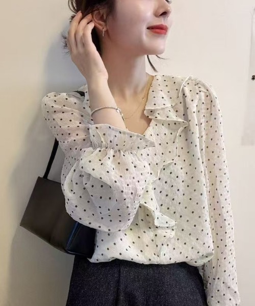 Aelina ブラウス シャツ フリルドット柄Vネックトップス レディース