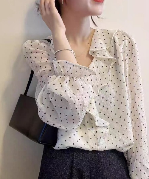 Aelina ブラウス シャツ フリルドット柄Vネックトップス レディース