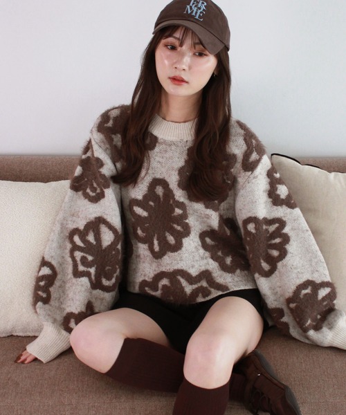 フラワー柄 ニットセーター 長袖【36】 Reurie'（レウリィ） ニット セーター フラワージャガードニット