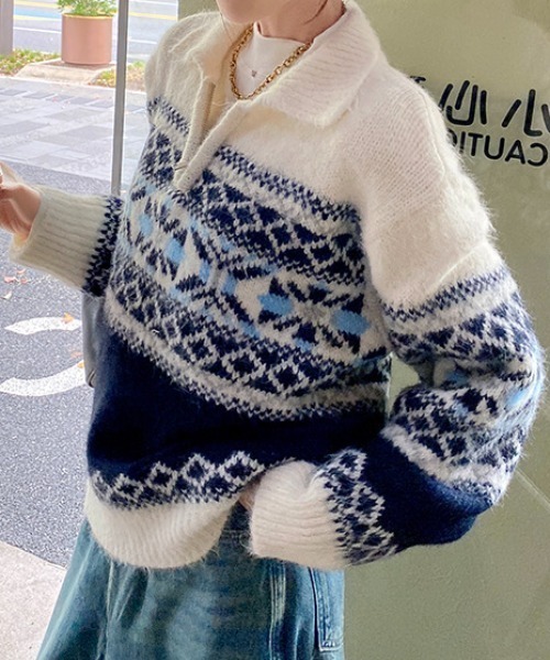 SHEENA（シーナ） ニット セーター ノルディック柄ハーフジップニット