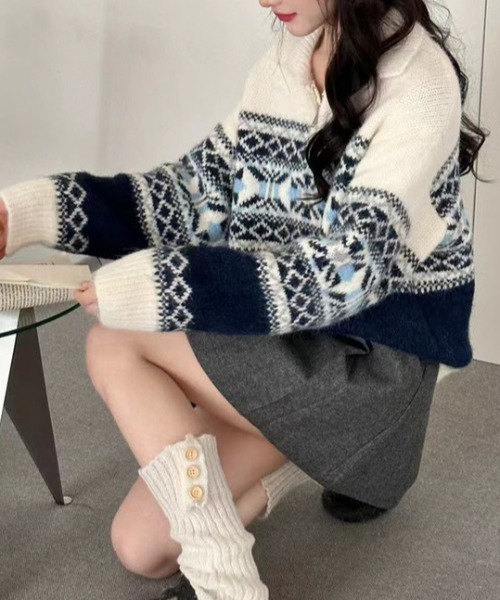 SHEENA（シーナ） ニット セーター ノルディック柄ハーフジップニット