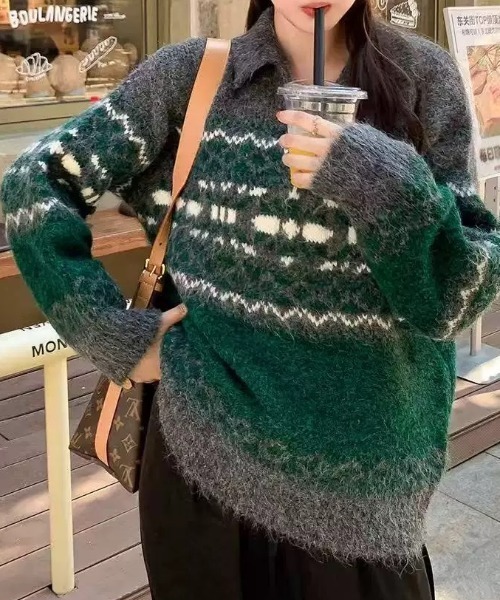 SHEENA（シーナ） ニット セーター ノルディック柄ハーフジップニット