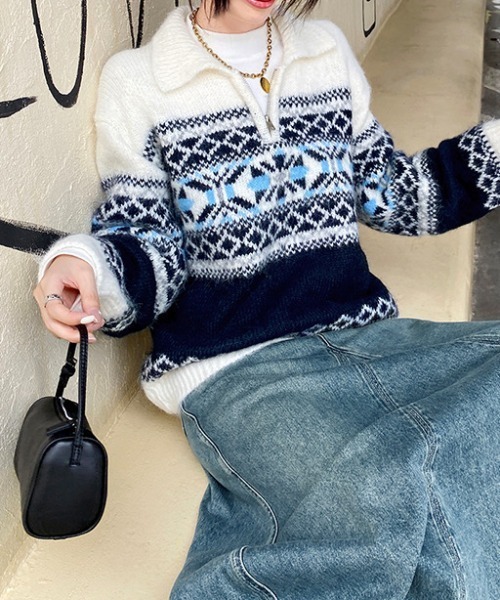 SHEENA（シーナ） ニット セーター ノルディック柄ハーフジップニット