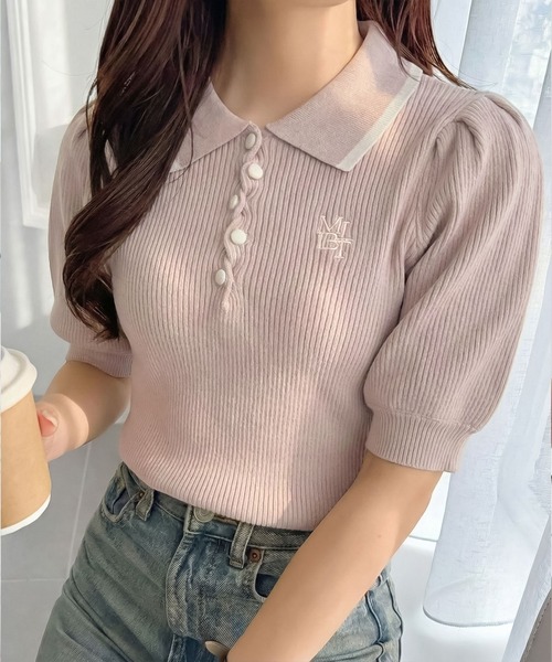 26 Malbon 韓国新作 レディース 配色半袖ポロニット セーター ニット Riberry（リベリー） 美品✨ 配色ロゴ ニット 半袖ポロ レディース レディースウェア