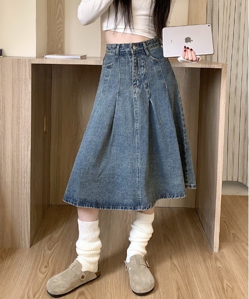 デニムスカート タックフレア デニムミディアムスカート : ZOZOTOWN