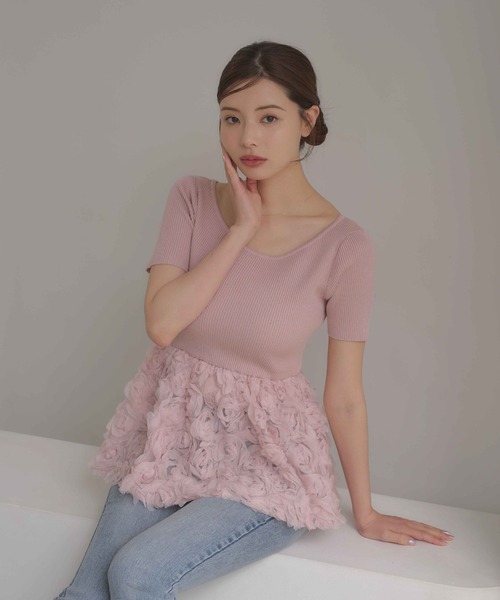 タグ付き美品 Dior シルク混 フラワー ニット サマーニット 半袖 ピンク INGNI SOELA（イング ソエラ） サマーニット ニット セーター 「INGNI