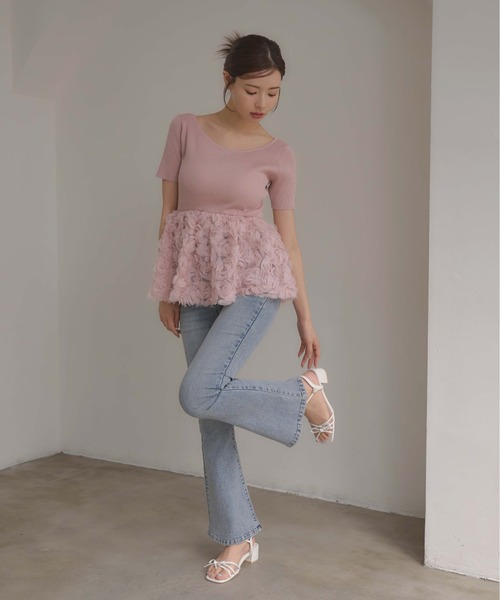 タグ付き美品 Dior シルク混 フラワー ニット サマーニット 半袖 ピンク INGNI SOELA（イング ソエラ） サマーニット ニット セーター 「INGNI