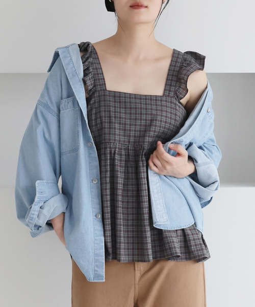 ブラウス シャツ BLACK チェックキャミブラウス レディース