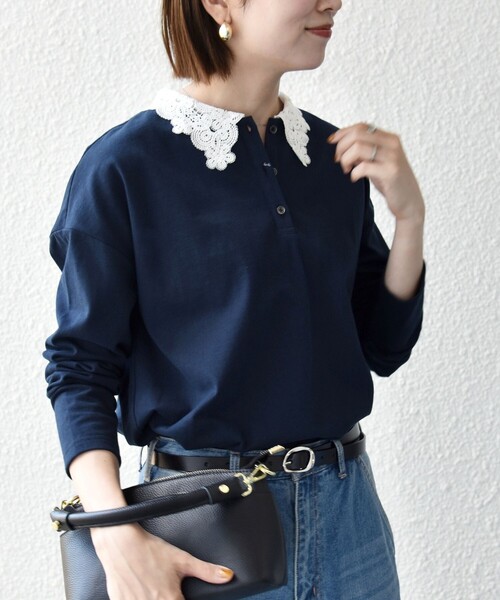 SHIPS 長袖 レースプルオーバー ブラック ONE SIZE SHIPS any tシャツ 「洗濯機可能」レース カラー ロングスリーブ ポロ