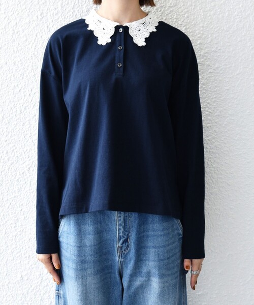 SHIPS any tシャツ 「洗濯機可能」レース カラー ロングスリーブ ポロ