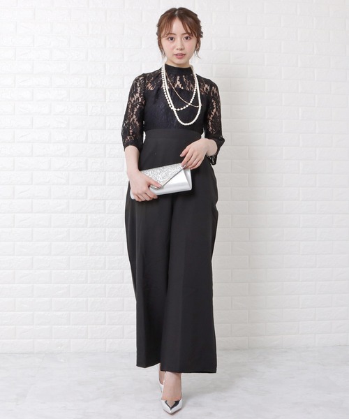 Lace Ladies パンツドレス レース切替ハイウエストワイドパンツ